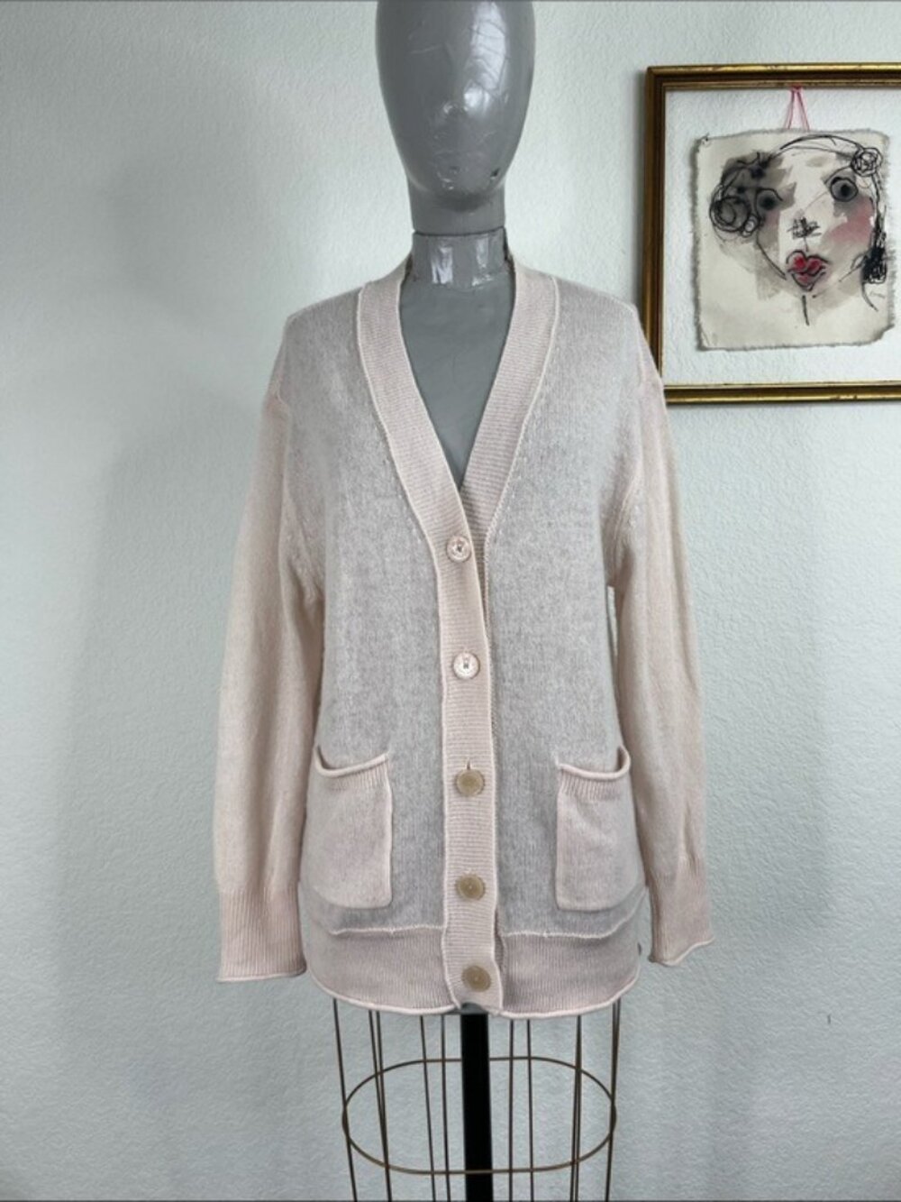Loveshackfancy Cashmere Logo Bow Back Pink Semi Sheer Long Button Cardigan